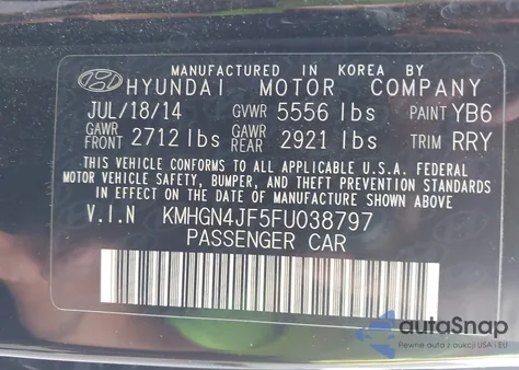 2015 Hyundai Genesis 5.0 z USA, uszkodzony, nr VIN KMHGN4JF5FU038797